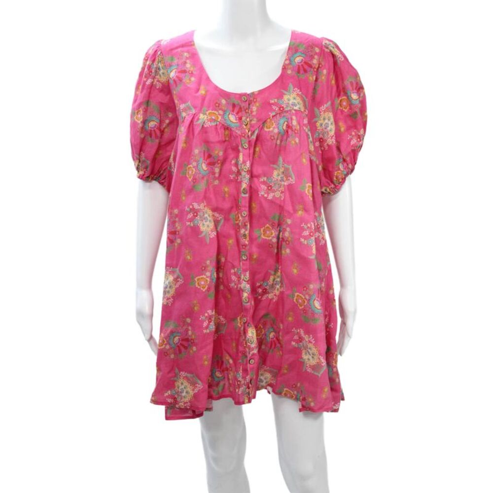 Spell Womens Shift Shirt Dress Pink Linen Floral Short Sleeve Size M